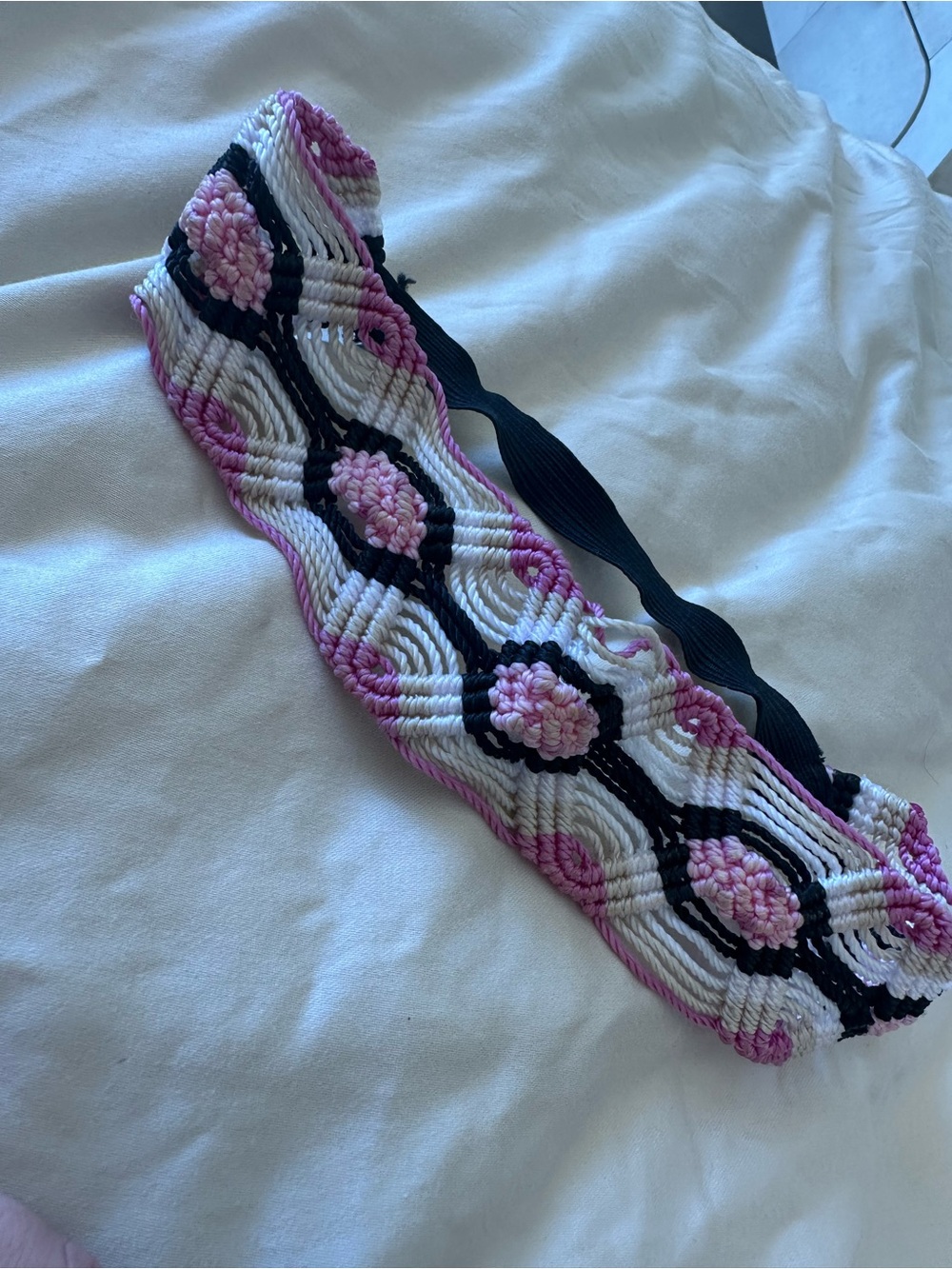 Handwoven Pink, White & Black Elastic Headband
